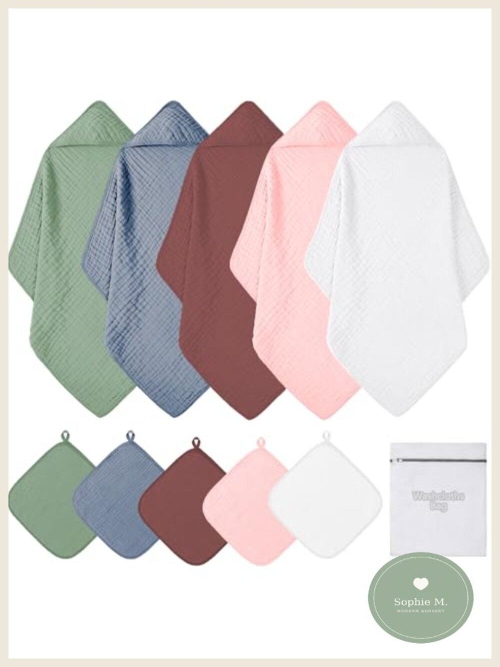 Muslin Baby Hooded Towel & Washcloth Set 10-Pack 100% Cotton Soft Absorbent